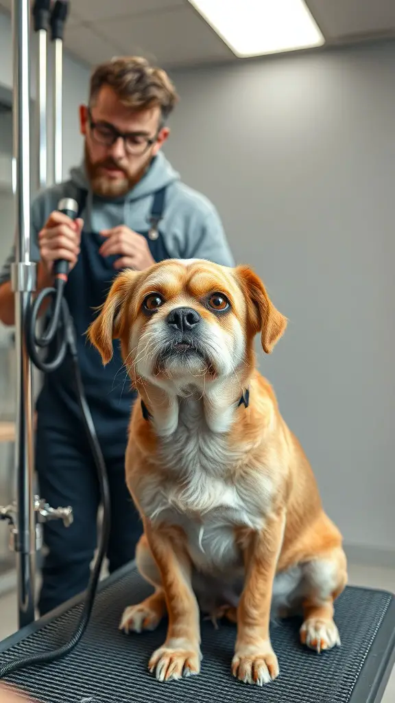 A dog sitting on a grooming table with a groomer in the background, showing signs of stress.