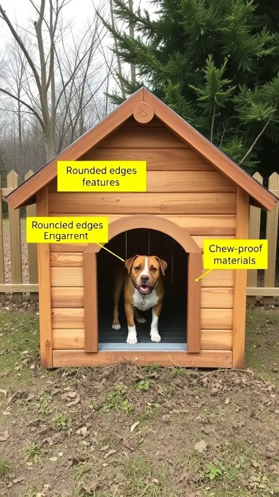 A dog house with rounded edges and chew-proof materials, featuring a happy dog at the entrance.