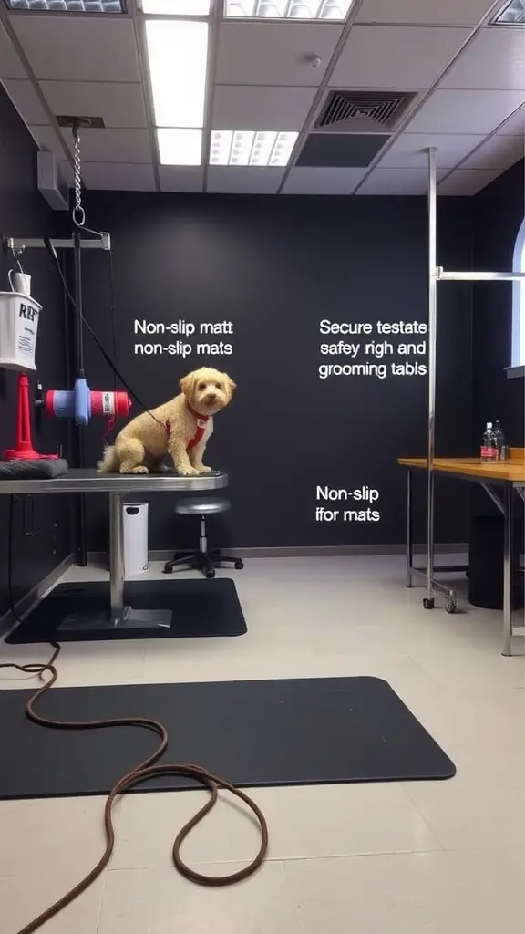 A dog grooming room with non-slip mats, a grooming table, and safety measures in place.