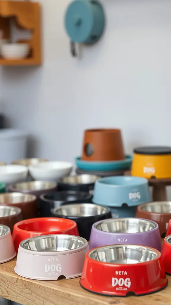 A variety of colorful dog bowls displayed on a wooden table.