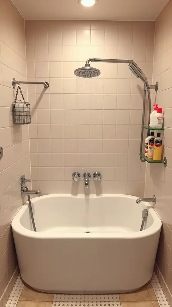 A modern dog bathing area with a spacious tub and showerhead.