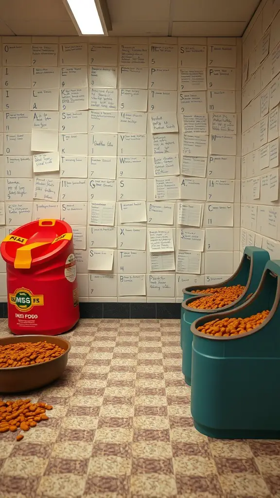 A dog feeding station with two feeding bowls and a large food storage container, surrounded by notes on dietary requirements.