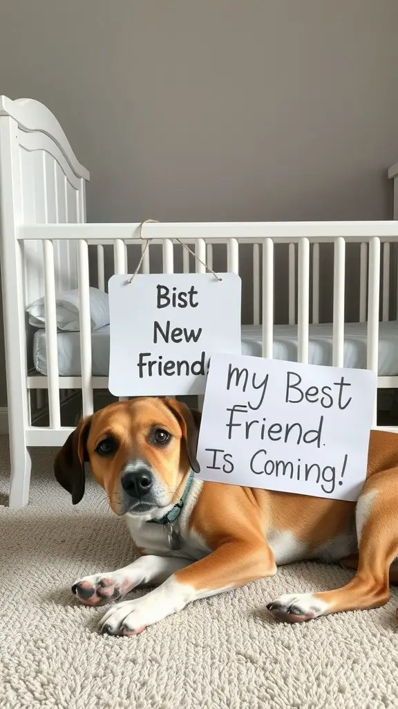 A dog lying on the floor with signs announcing a new friend is coming, next to a crib.