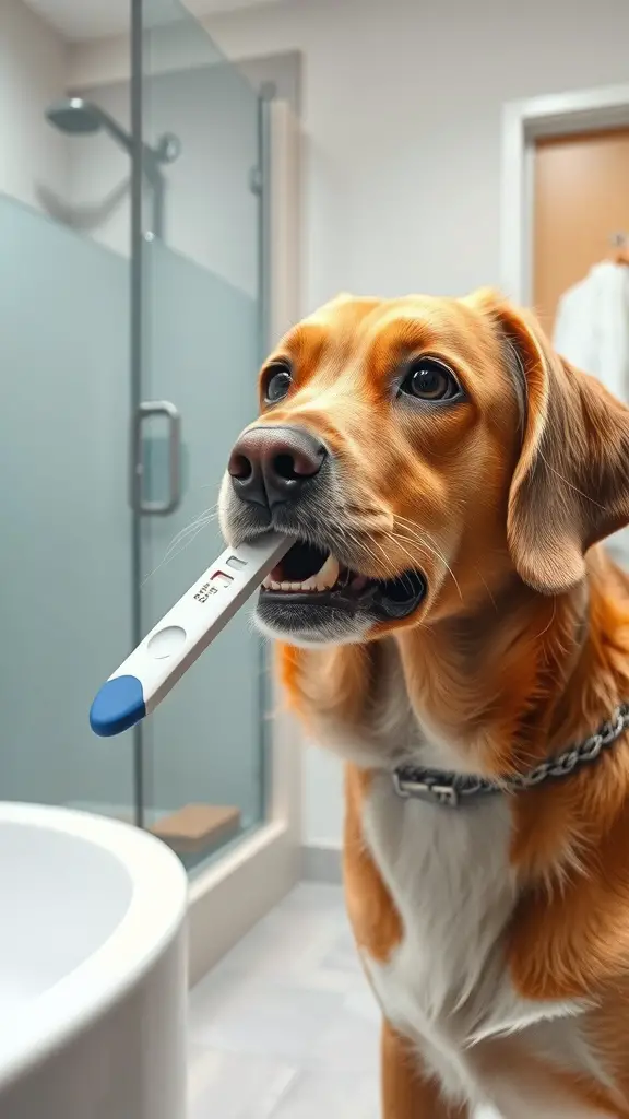A dog holding a pregnancy test in its mouth, looking curious in a bathroom setting.