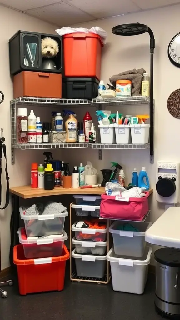 A well-organized dog grooming storage area with various grooming supplies in colorful bins and containers.