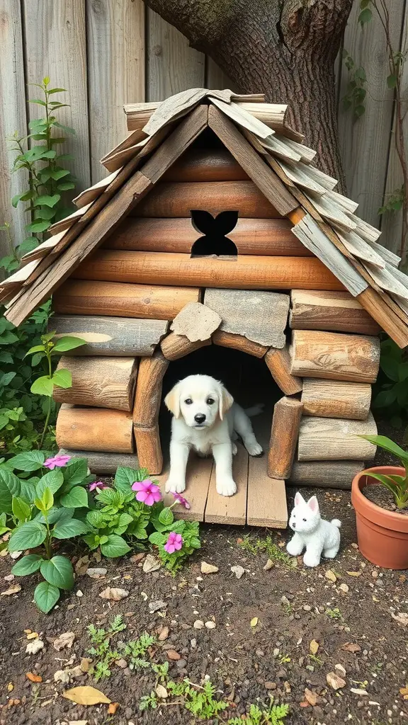 A cute puppy sitting in a wooden dog house surrounded by flowers.
