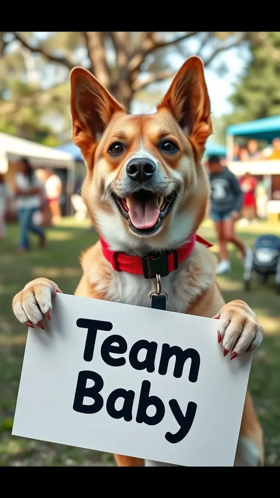 A couple stands with their dog holding a sign that says 'Team Baby' in a park.