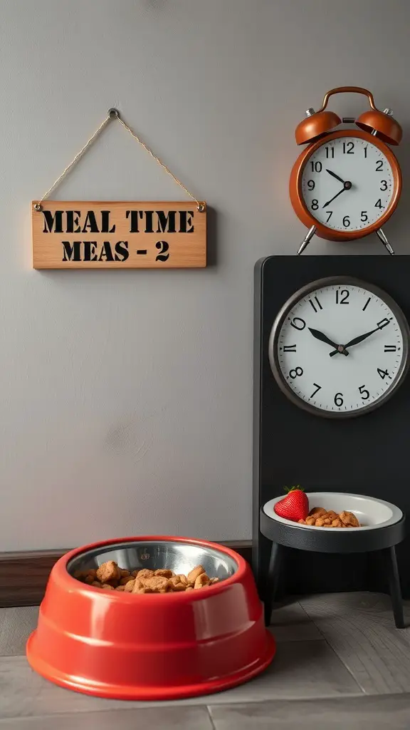A dog feeding station with a red bowl of kibble, a sign indicating meal times, and two clocks.