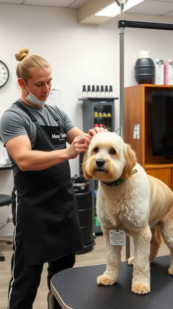 Two dog groomers working with a dog in a grooming salon.