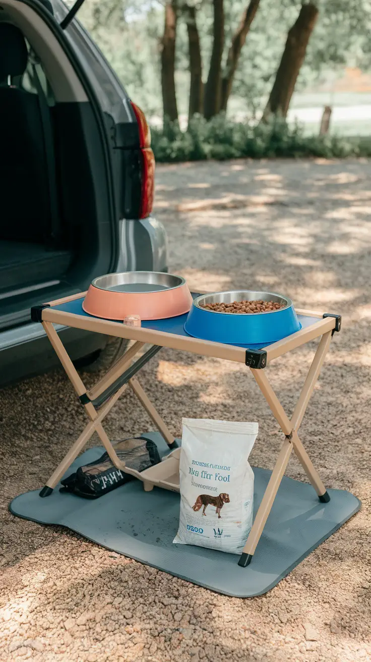 Two dogs at a travel-friendly dog feeding station in the back of a car.