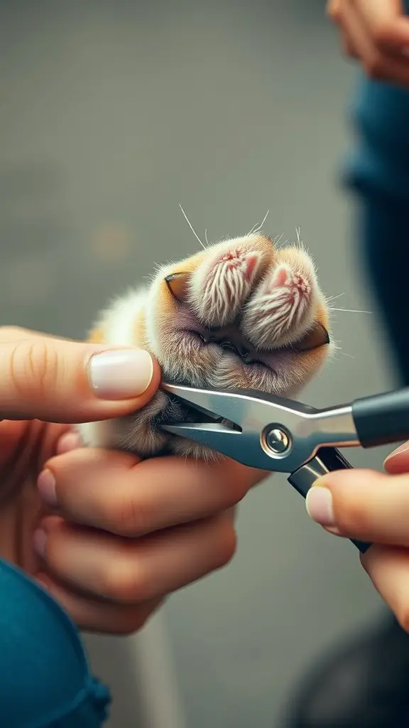 A person trimming a dog's nails with a nail clipper, showing a gentle and careful approach.