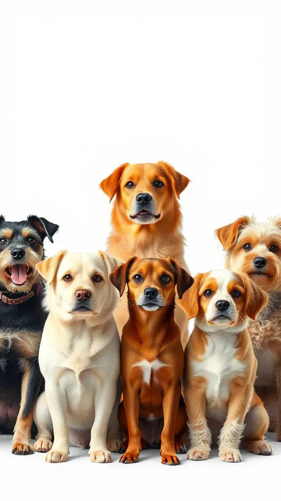 A group of various dog breeds sitting together, showcasing their different fur types and sizes.