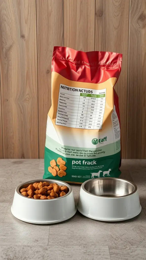 A bag of dog food with a nutritional chart next to two feeding bowls, one filled with kibble.