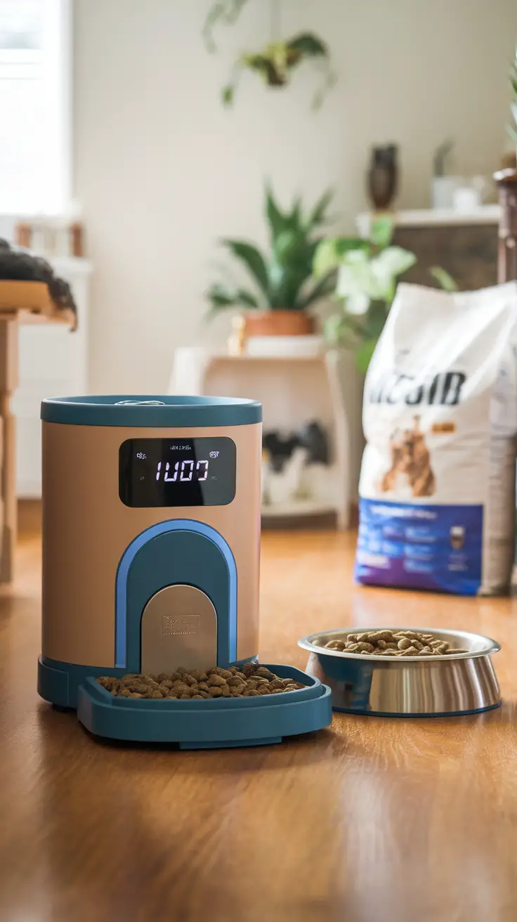 An automatic dog feeder with a dog looking through the feeding area, showcasing a modern design.