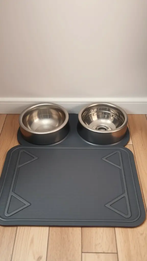 A non-slip mat with two stainless steel dog bowls on a wooden floor.