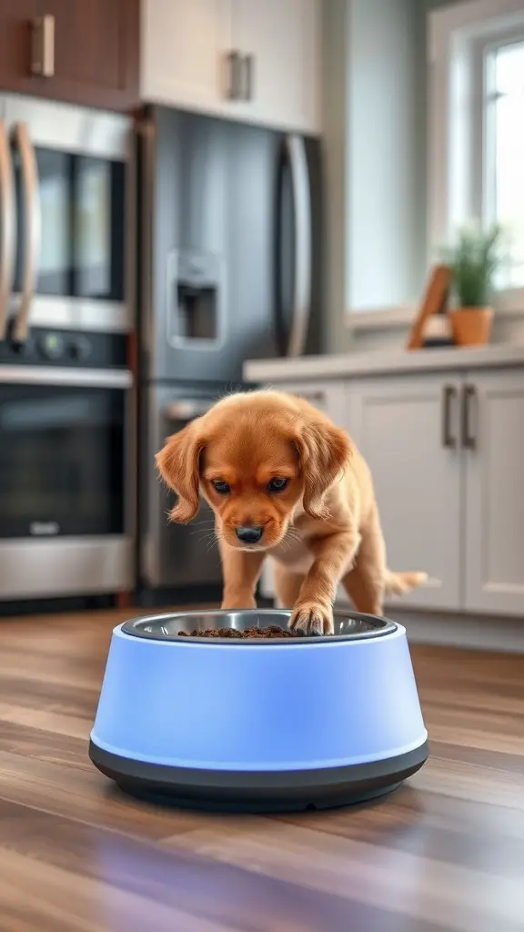 A dog standing on a Smarttog Feeder in a modern kitchen.