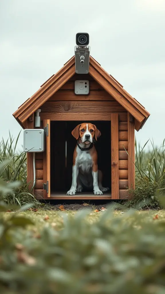 A dog sitting in a wooden dog house with a camera mounted on top.