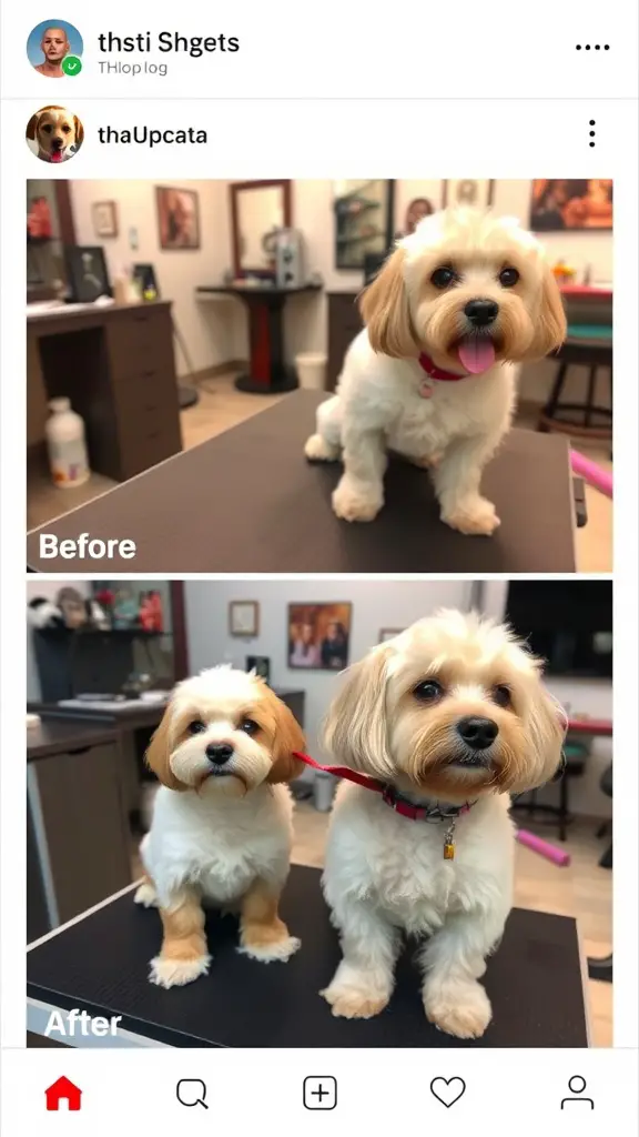 Before and after grooming transformation of two cute dogs.