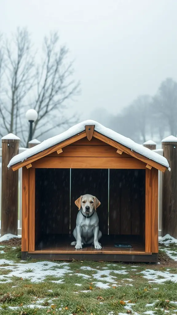A dog sitting inside a weatherproof dog house during snowfall.