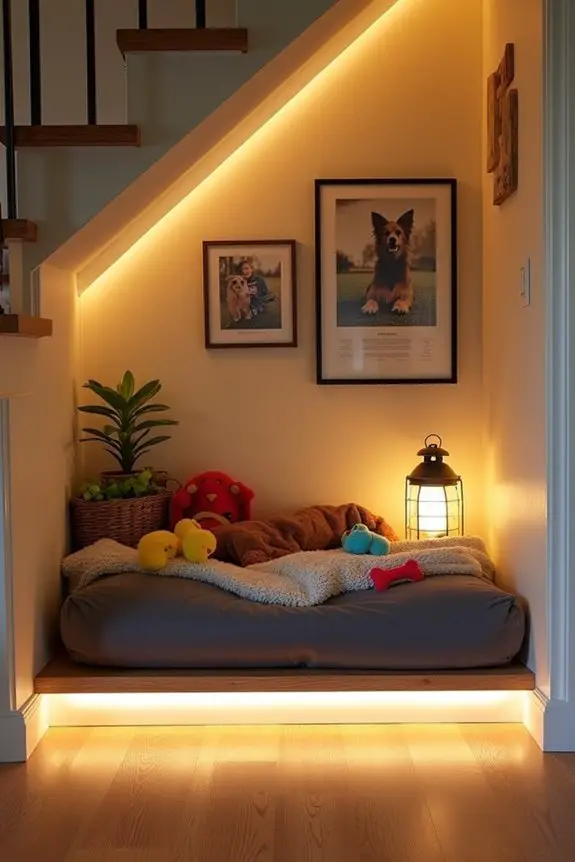 cozy dog hideaway under stairs