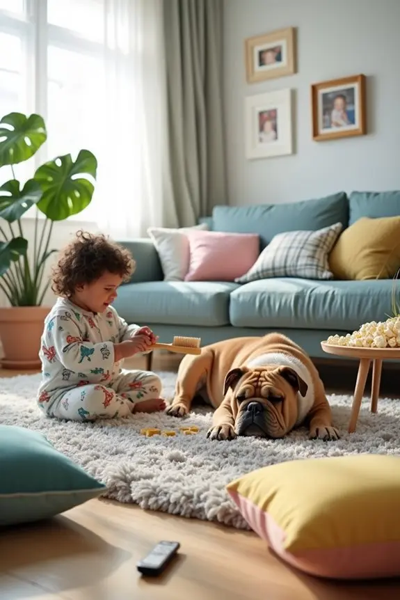 family relaxation with bulldog