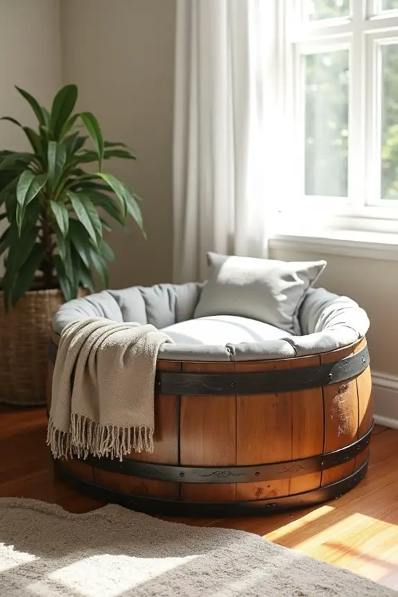 repurposed wine barrel dog bed