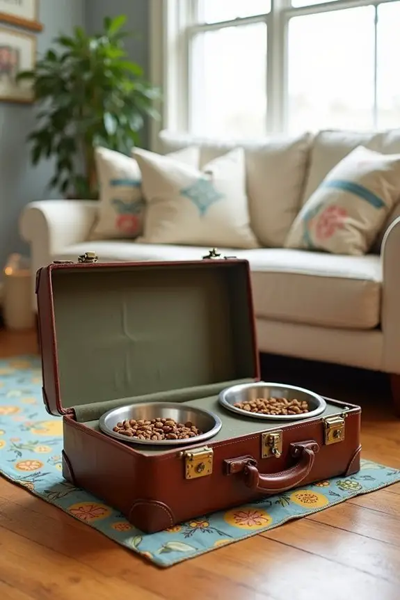 vintage suitcase dog bowl