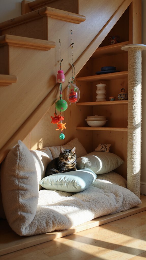 cozy under stairs cat retreat