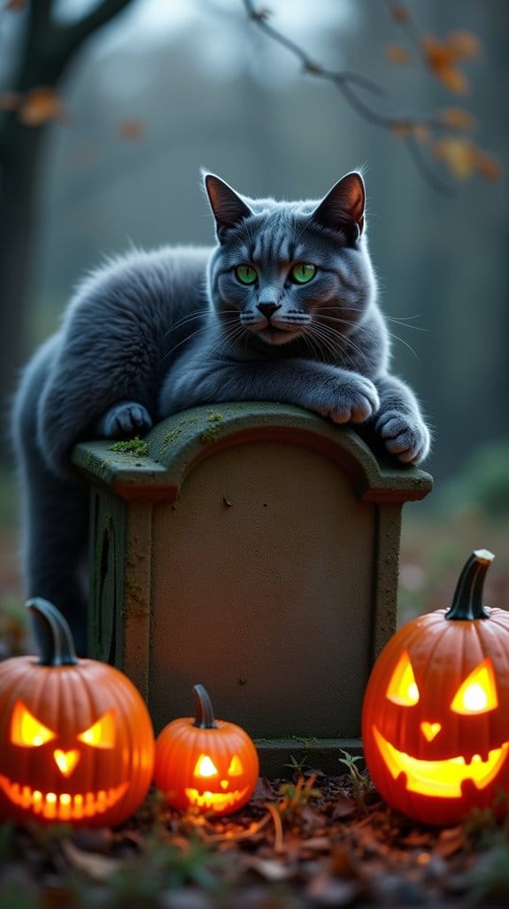 sleepy cat atop tombstone