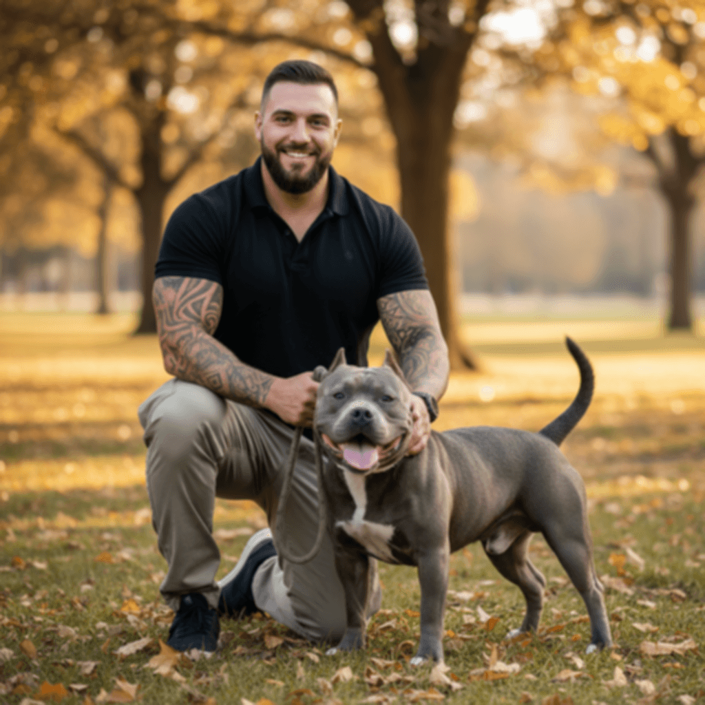 A smiling man kneels beside his playful gray dog in a park.