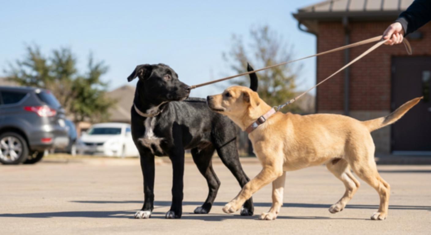 Two dogs on leashes interact playfully in a sunny outdoor setting.