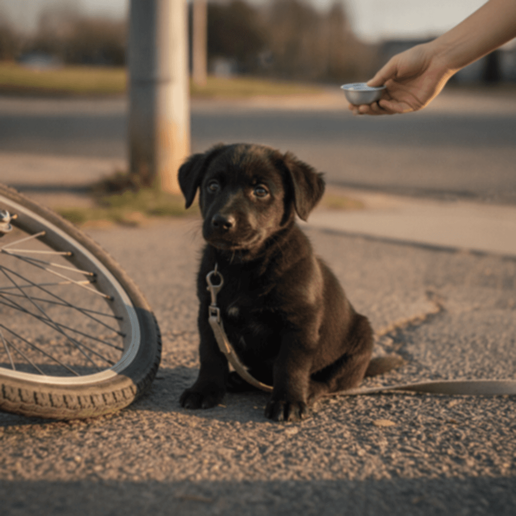 A cute black puppy sits near a bicycle, looking up expectantly.