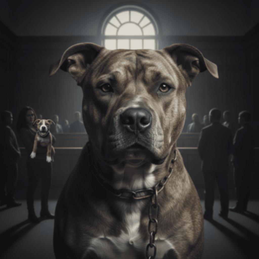 A serious-looking dog with a chain sits in a courtroom environment.