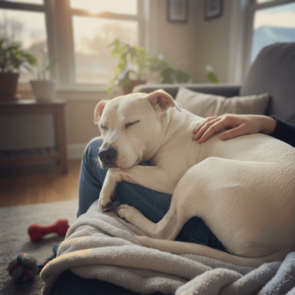 A cozy scene of a person gently petting a sleeping dog on their lap.